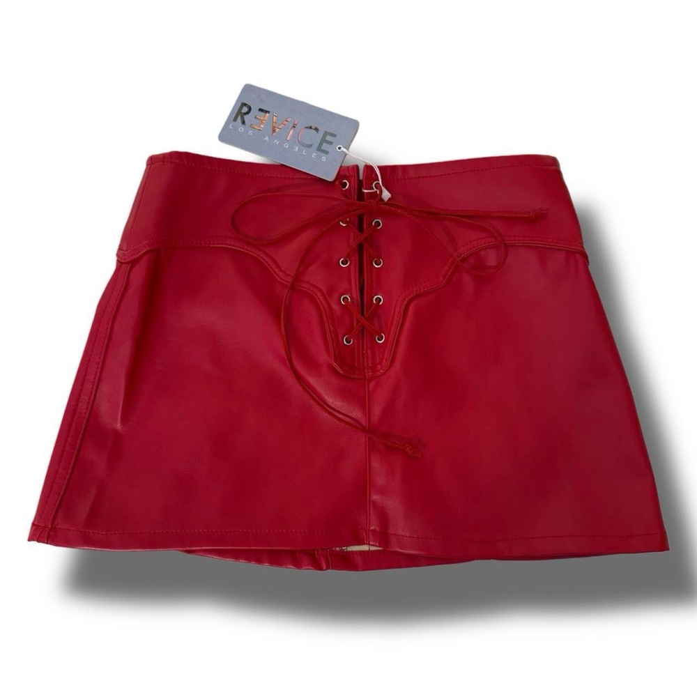 REVICE Red Lace-Up Faux Leather Mini Skirt
